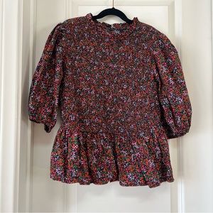 New Look Smocked Floral Blouse with Puffy Balloon Short Sleeve Peplum Top